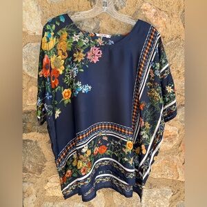 Johnny Was Silk Floral Boho Blouse XS Navy Multicolor Short Sleeve Top
